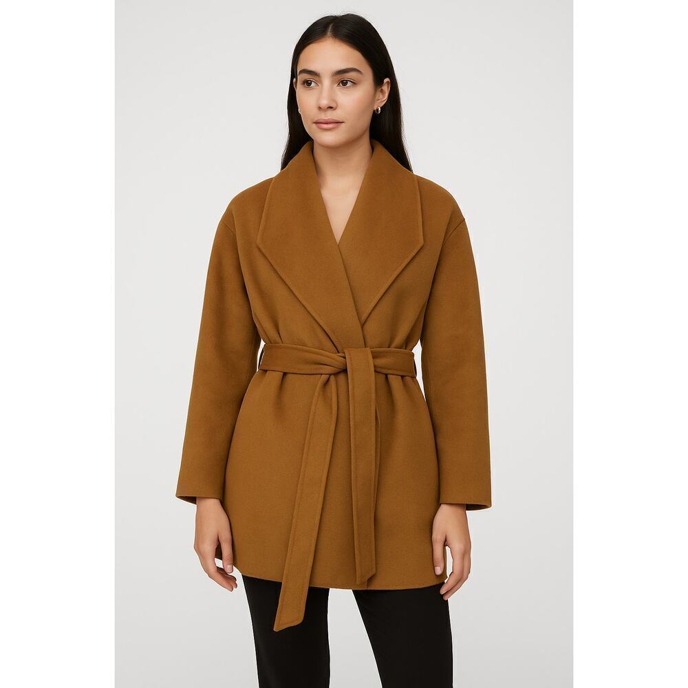 Goelia “Coffee Brown” Wrap Coat L 100% Wool Shell with Silk-Wool Texture, Belted